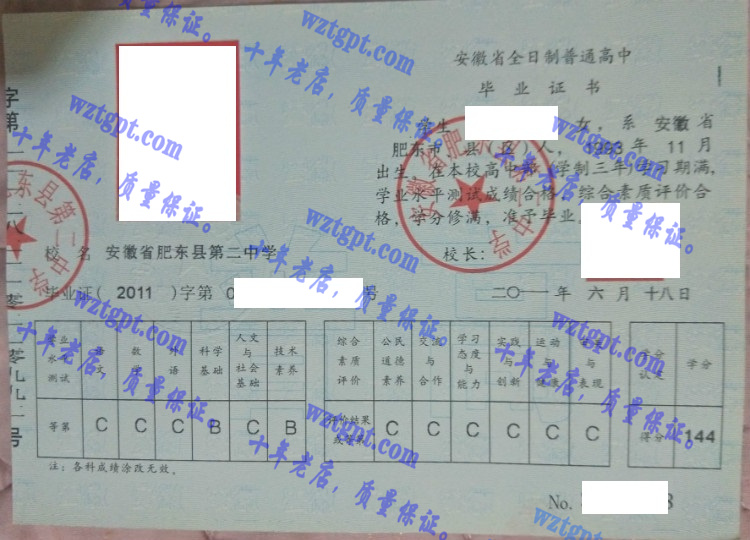 安徽省肥东县第三中学毕业证样本