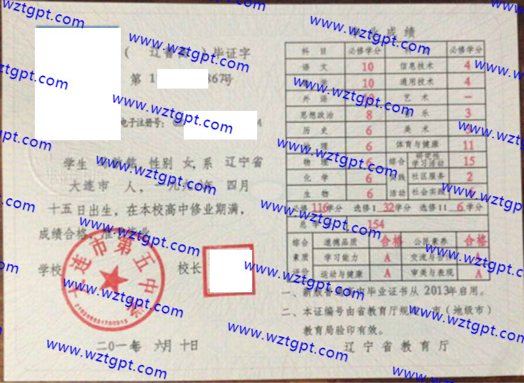 大连市第五中学高中毕业证样本