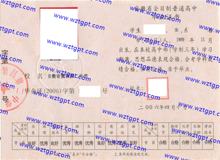 安徽省繁昌县第二中学高中毕业证样本