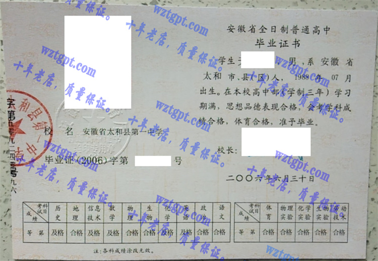 安徽省太和县第一中学毕业证样本