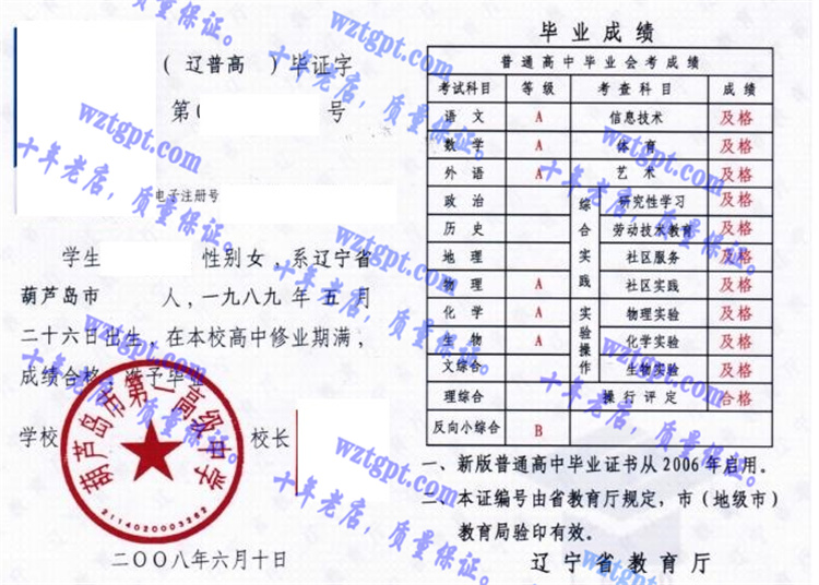 葫芦岛市第一高级中学毕业证样本