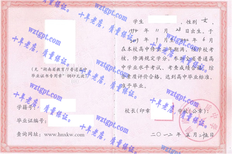 湖南省地质中学毕业证样本