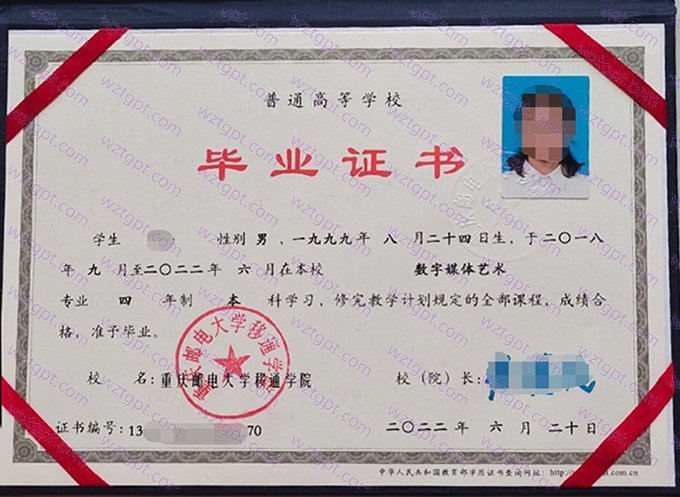 重庆邮电大学移通学院2022年本科毕业证书样本图片（数字媒体艺术）