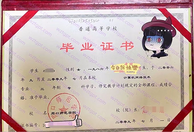 周口师范学院2009年专科毕业证书样本图片（计算机网络技术）