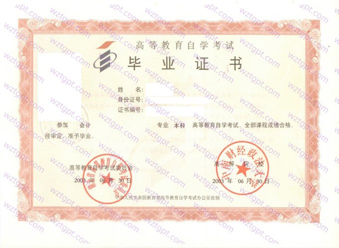 中南财经政法大学2003年自学考试本科毕业证书样本图片（会计）
