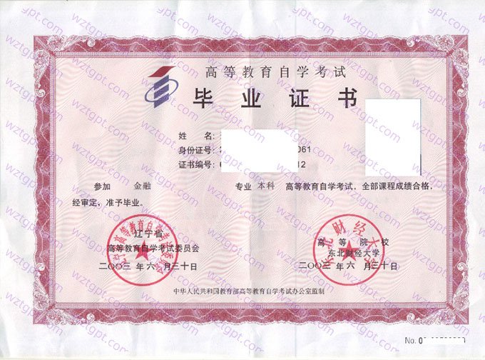 东北财经大学2003年自学考试本科毕业证书样本图片（金融）
